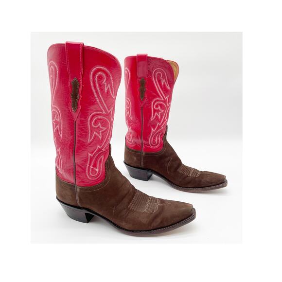 Lucchese Shoes - Lucchese Women’s 10 Brown Suede Red Leather Colorblock Snip Toe Cowgirl Boots